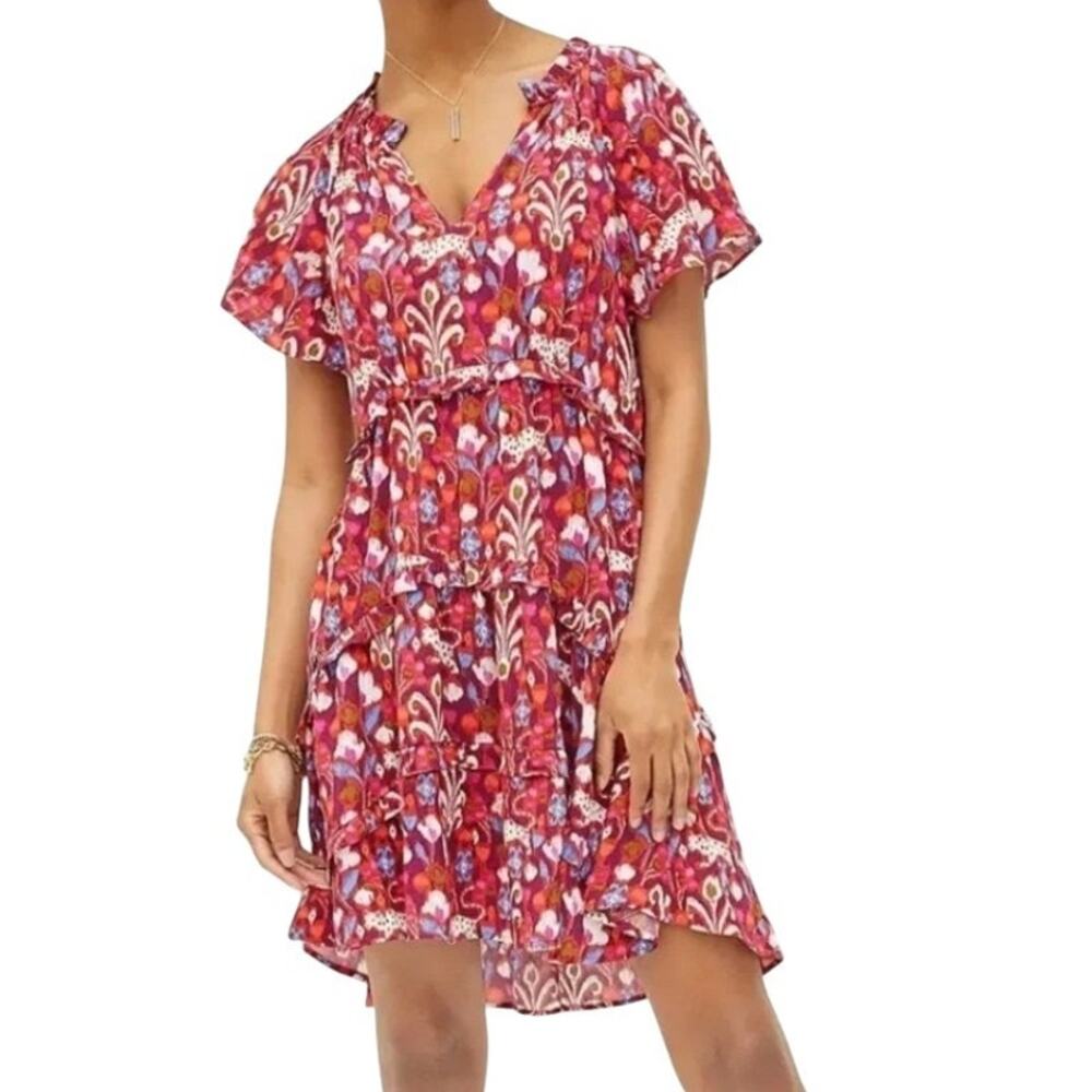 Anthropologie Red Ikat Floral Robin Tiered Short Sleeve Mini Dress